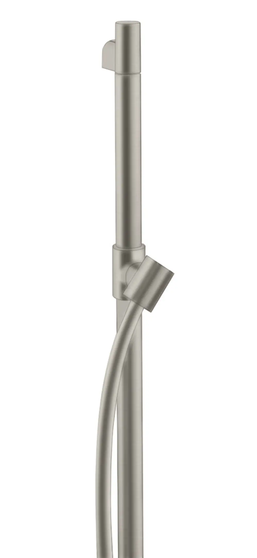 Edelstahl-Brausestange mit am Schlauch befestigtem Auslauf, hergestellt von AXOR. Vertikal montiert, deutliche Linienführung, moderne Anwendung im Badezimmer.